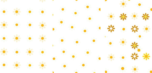 Delicate and charming seamless vector pattern featuring small white and golden daisy flowers scattered randomly, creating a natural, subtle, and calming botanical background