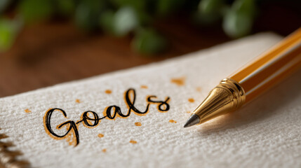 Written Goals: A close-up shot of a pen poised over a notepad inscribed with the word Goals, highlighting the essence of goal-setting, planning, and personal aspiration.