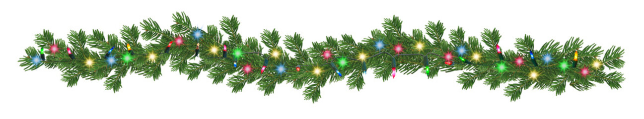 christmas horizontal border with coniferous branches and garlands of christmas colorfull lights on transparent background	

