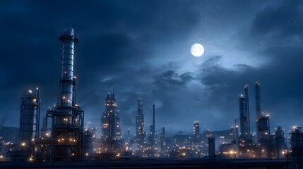Vast industrial complex at night illuminated by thousands of lights and a bright full moon in a cloudy sky