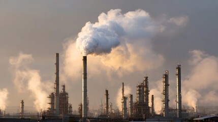 Industrial refinery complex emitting plumes of steam and smoke into a hazy sunset sky