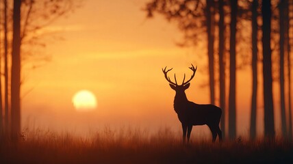 A majestic deer stands against a vibrant sunset in a tranquil forest setting.
