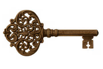 Ornate antique skeleton key crafted from brass, representing access, mystery, security, unlocking, and secrets on a transparent background