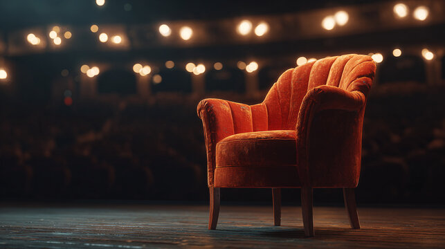 An inviting orange armchair on a dimly lit theater stage. The soft glow of the stage lights enhances the scene, creating a sense of anticipation and comfort. The chair appears to be welcoming.