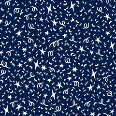 Seamless pattern with hand drawn white silhouettes of confetti, ribbons, stars on a dark blue background. Ideal for textile, wrapping paper, party, birthday, celebration, decoration, festive projects