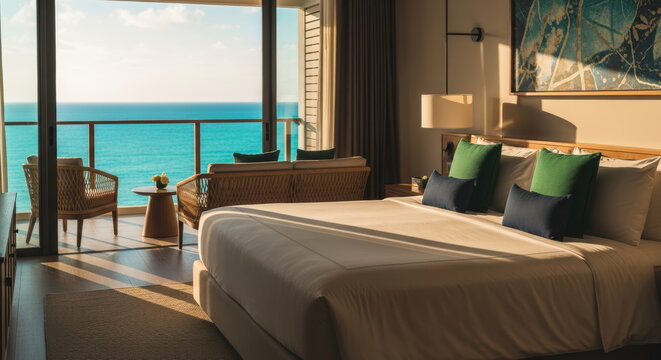 Luxury Hotel Room Interior With King Bed And Balcony Overlooking The Sea