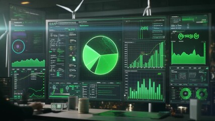 Multiple computer monitors displaying financial charts and data in a dark room technology finance - Powered by Adobe
