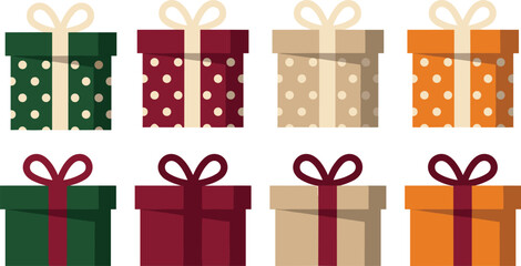Set of flat festive gift box illustrations featuring polka dot patterns, bold ribbons, and warm holiday colors ideal for seasonal designs and celebrations