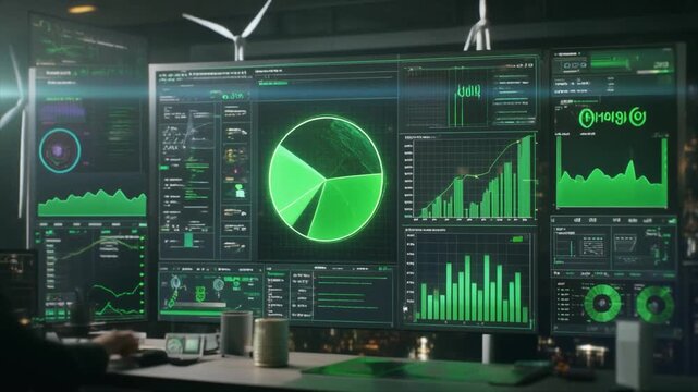 Multiple computer monitors displaying financial charts and data in a dark room technology finance