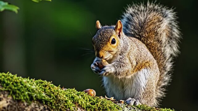 A squirrel sits on a mossy branch, holding and eating a nut. The background is blurred green foliage.