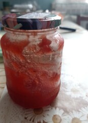 Homemade Strawberry Jam in Glass Jar, Ready to Enjoy. Fresh, Sweet, and Delicious Dessert
