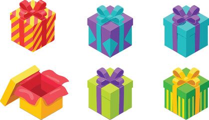 Colorful isometric gift box illustrations featuring various ribbon styles, vibrant patterns, and festive designs perfect for holiday celebrations, greeting cards, and seasonal graphics