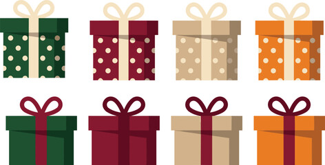 Collection of flat style festive gift box illustrations featuring polka dot patterns, elegant ribbons, and vibrant colors ideal for holiday designs and seasonal projects