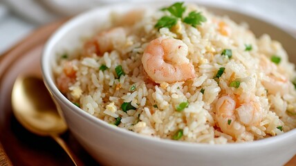 Macro image of a delicious Chinese fried rice dish, healthy and traditional, homemade. Typical Asian food, in a white bowl