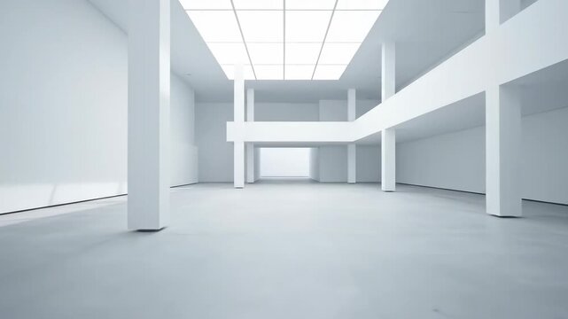 Cinematic slow dolly shot moving through a vast, minimalist, empty white architectural gallery emphasizing silence and phantom isolation sterile, isolation, corporate