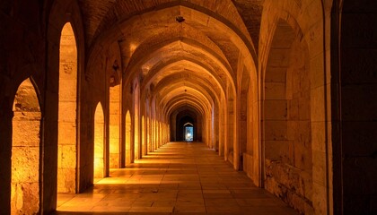 Obraz premium Symmetrical Arched Corridor with Warm Lighting in Traditional Architectural Style Evoking Depth and Serenity