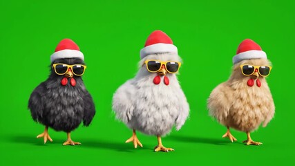 Dancing Cartoon Chickens with Santa Hats - This 3D animated video shows three funny chickens wearing Santa hats and sunglasses, dancing in a loop.