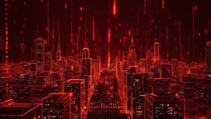 Red Digital Cityscape at Night with Glowing Buildings and Falling Binary Code Data Streams urban metropolis - Powered by Adobe