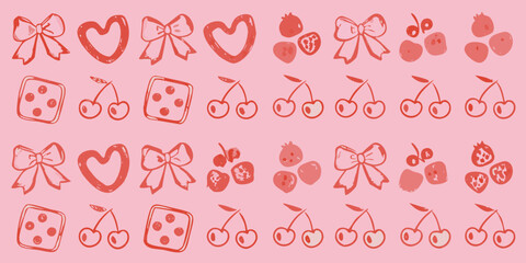 Cute pink pattern with hearts bows cherries dice and pomegranates