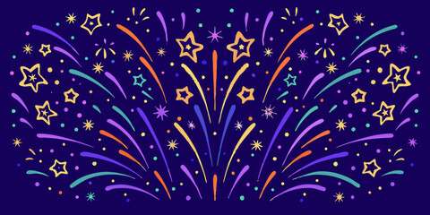 Festive firework burst with stars and confetti on a dark blue background