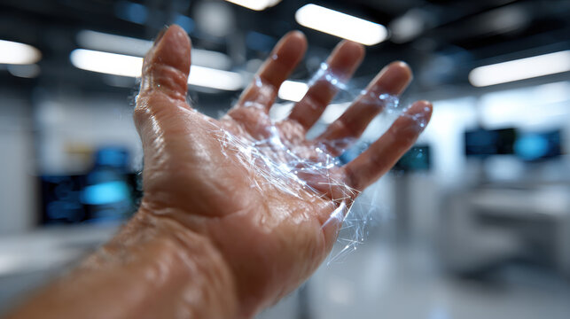 A realistic depiction of a human hand displaying a digital network projection, symbolizing technology's connectivity and human interaction in the modern digital age.