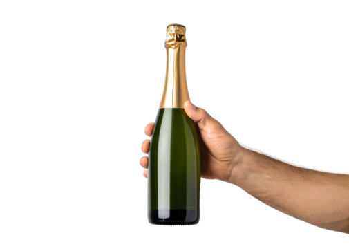 hand holding champagne bottle isolated on a transparent background.