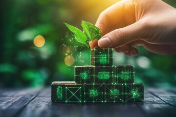 Human hand interacting with futuristic green eco technology data interface.