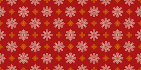 Vector seamless pattern with christmas stars and diamonds. Festive geometric background texture with linear flowers, snowflakes, crosses. Red and gold design for textile, wrapping, wallpaper, decor