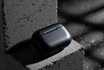 Sleek black wireless earbud case rests on textured grey concrete in dramatic studio light.
