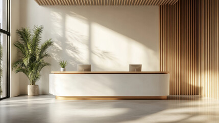 Real estate office reception counter mockup front interior registration copy space desk design indoor decoration front view decoration three-dimensional