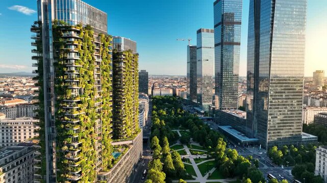 Aerial view of bosco verticale residential towers covered in greenery next to modern skyscrapers and a park in milan, italy