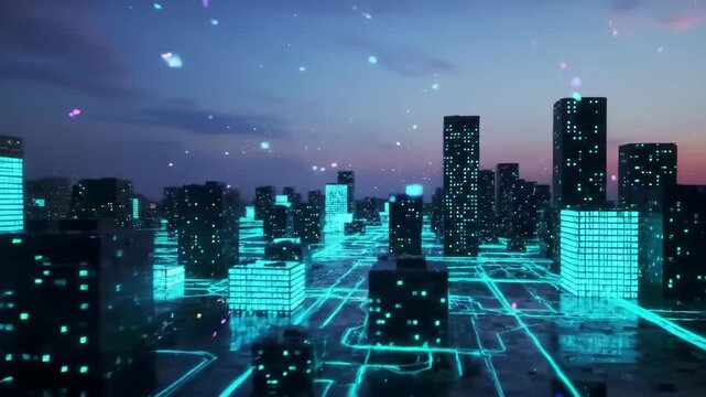 Futuristic city skyline glowing neon lights digital network connections abstract urban landscape at dusk - Powered by Adobe