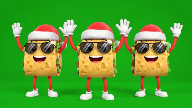 Christmas Tacos Dancing on Green Screen - Three 3D cartoon tacos are wearing Santa hats and sunglasses, performing a silly dance on a green screen background.