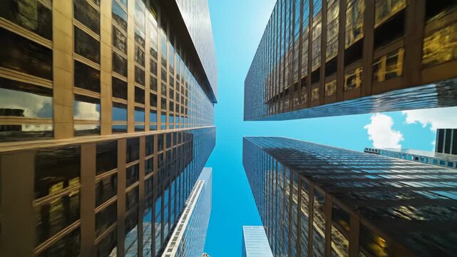 Worms eye view of modern skyscraper facade reflecting bright sunlight against a clear blue sky in a dense urban center