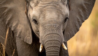 Close-Up of Young Elephant with Spread Ears and Textured Skin in Natural Grassland Habitat