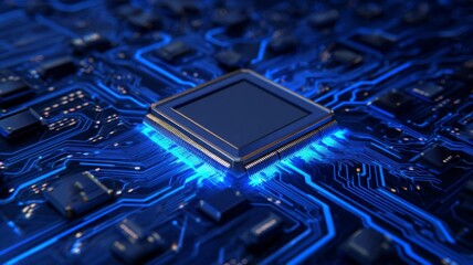 Close-up of a microchip with blue lighting on a complex circuit board.