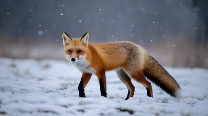Obraz premium A beautiful red fox with a bushy tail stands in a snowy winter landscape as snowflakes fall.