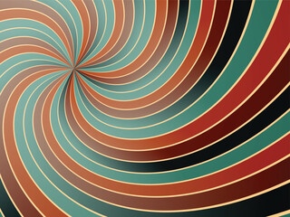 Abstract retro background with curved radial stripes exploding from a central point, in warm orange, yellow, teal and maroon tones