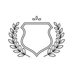 Black outline shield emblem with laurel wreath and leaves crest award
