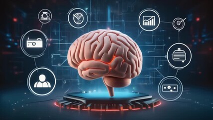 Human brain model on a glowing blue platform surrounded by circular icons representing technology and data analysis - Powered by Adobe
