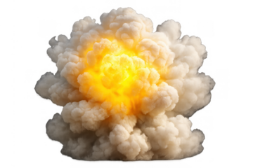 Large cloud of smoke from a fiery explosion, depicting a powerful blast with intense light and airborne particles, isolated