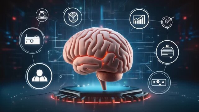 Human brain model on a glowing blue platform surrounded by circular icons representing technology and data analysis - Powered by Adobe