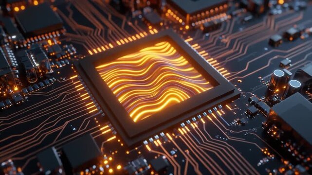 Close-up of a Central Processing Unit CPU on a Motherboard with Glowing Orange Energy Waves computer chip