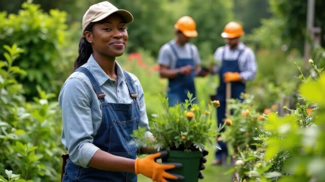 young african american woman in overalls works in garden, tending to potted flowers. team of landscapers working in background. horticulture and teamwork concept.