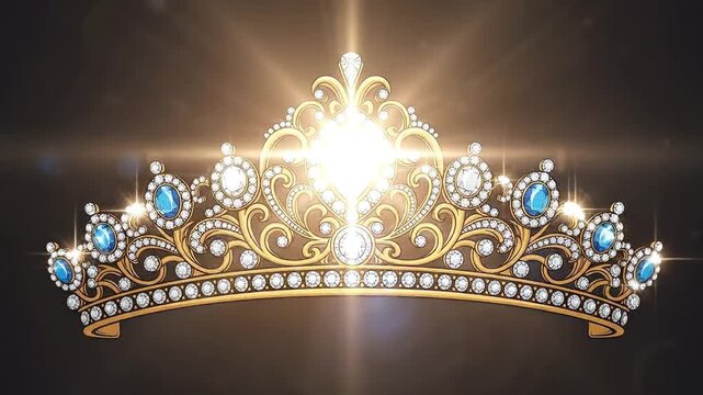 Sparkling Gold Tiara with Blue and White Gemstones on Dark Background.