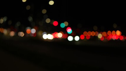 Abstract night traffic captured completely out of focus, with car headlights and streetlights creating a soft bokeh effect. Perfect for backgrounds, transitions, titles, and modern urban video project