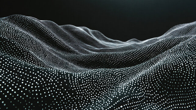 Abstract digital landscape featuring glowing points forming undulating hills, representing data flow or a futuristic environment. The points create depth and texture.