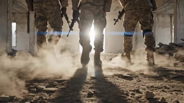 Low angle view of soldier boot feet walking through dusty rubble inside a destroyed building with bright sunlight shining from behind