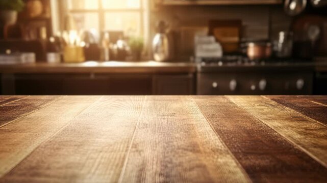 Wooden table in kitchen with sunlight coming through window in morning