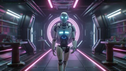 A smiling white humanoid robot with glowing blue eyes and chest lights walks forward in a futuristic interior with neon accents - Powered by Adobe